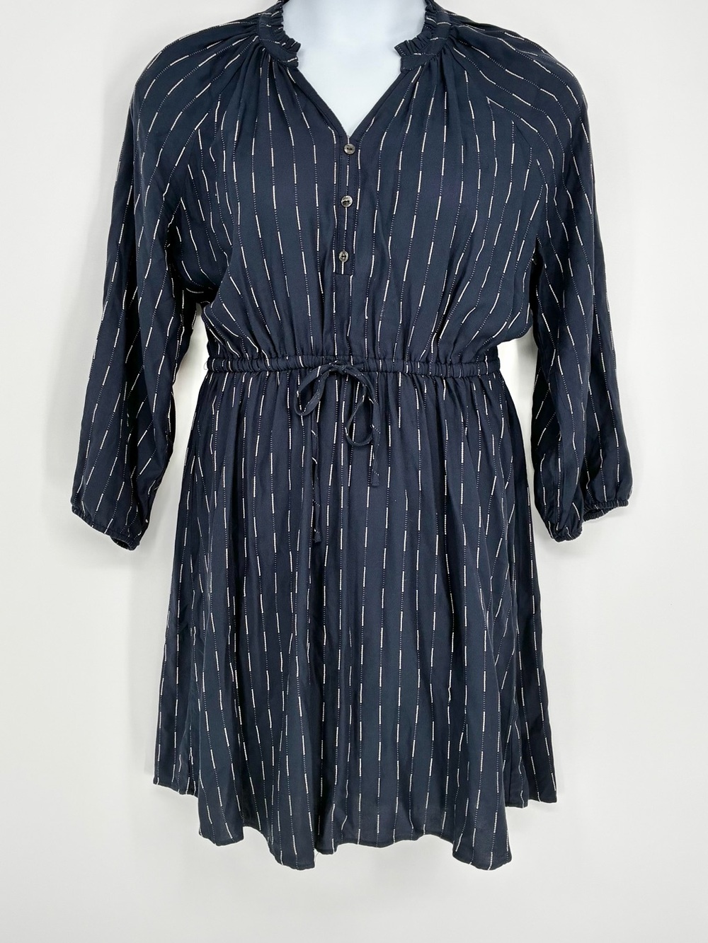 Time and Tru Navy Metallic Silver Pinstripe Drawstring Waist Dress Size M 8-10